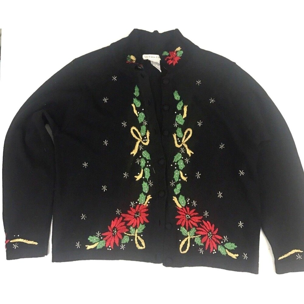 Victoria Jones M Black Christmas Poinsettia Embroidered Cardigan Sweater